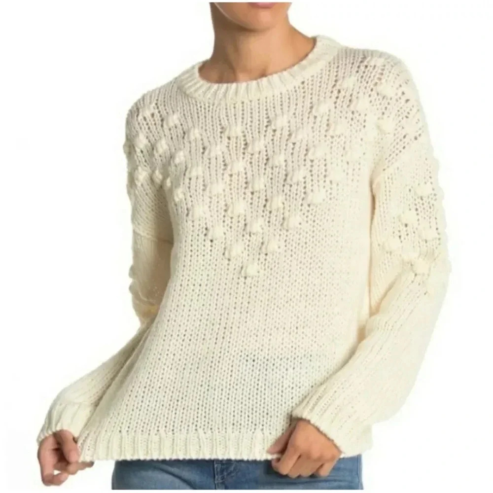 Abound Womens Sweater Chunky Knit Textured Pom Pom Ivory Cream Pullover Large
